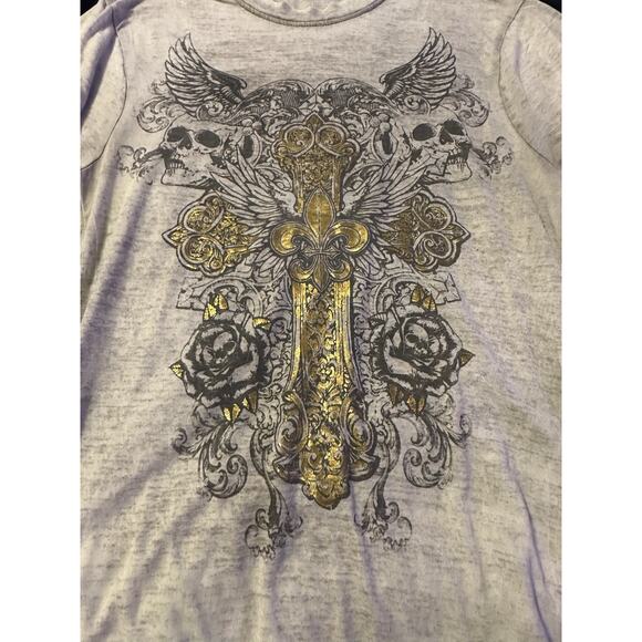 Hot Topic Gothic Cross Wing Skull Graphic Tee Small Gray Gold Foil Slim Emo Punk - Picture 2 of 9